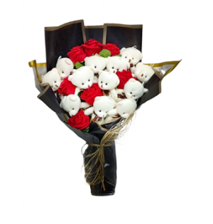 Sevimli Beyaz Ayıcık ve Gül Buketi (~60 cm)